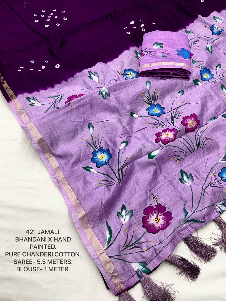 Jaamli Indigo Pure Chanderi Cotton Bandhani Hand Painted Saree