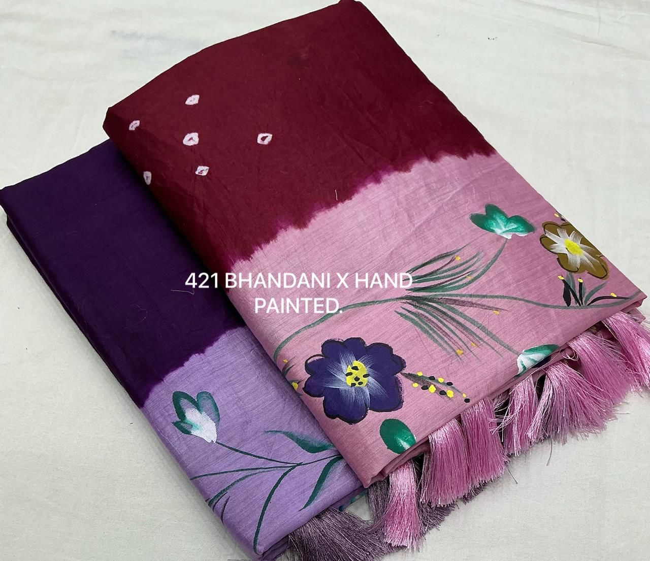 Maroon Pure Chanderi Cotton Bandhani Hand Painted Saree