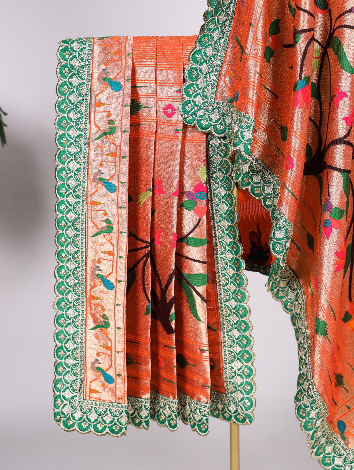 Orange Banarasi Paithani Silk Jacquard Weaved Sequence Thread Work Dupatta