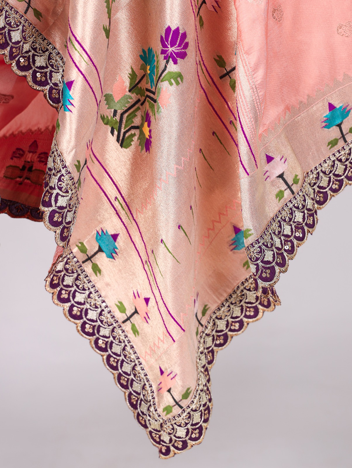 Baby Pink Banarasi Paithani Silk Jacquard Weaved Sequence Thread Work Dupatta