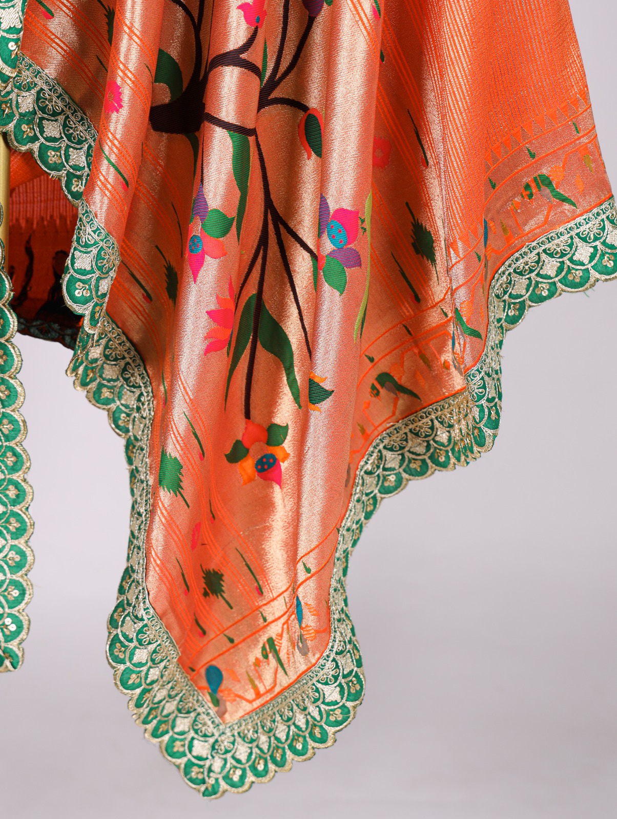 Orange Banarasi Paithani Silk Jacquard Weaved Sequence Thread Work Dupatta