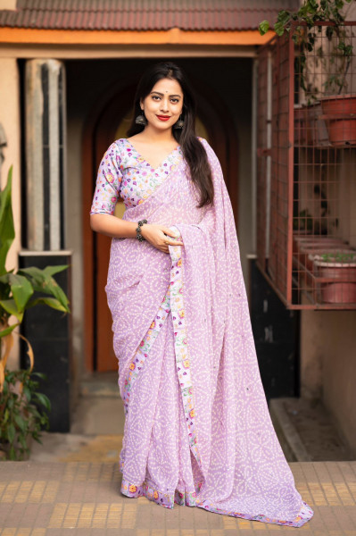 Image of Lavender Georgette Bandhej Printed With Patched Kalamkari  Border Saree