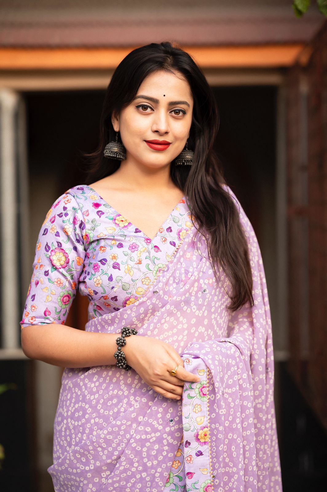 Lavender Georgette Bandhej Printed With Patched Kalamkari Border Saree