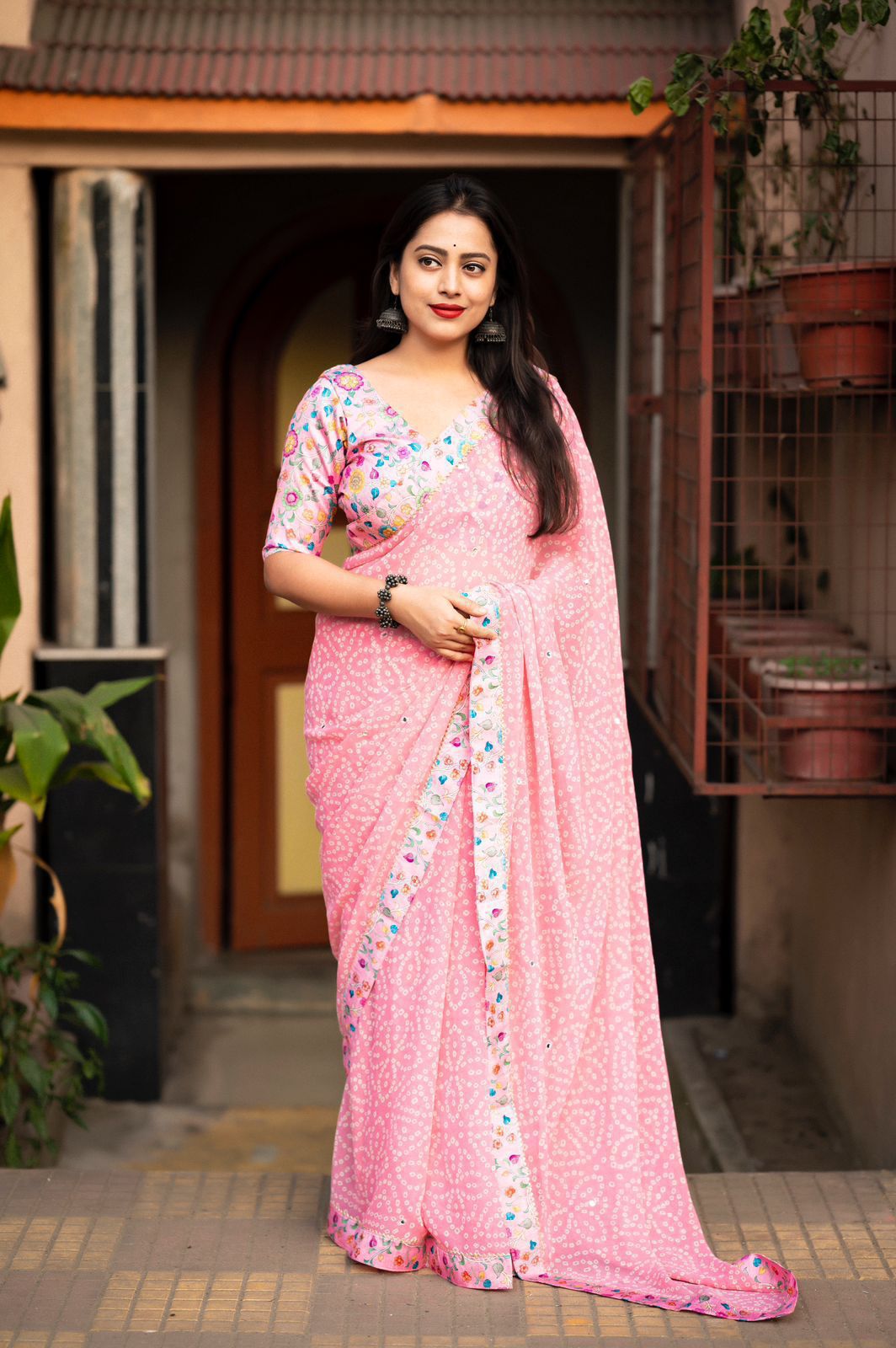 Pink Georgette Bandhej Printed With Patched Kalamkari Border Saree