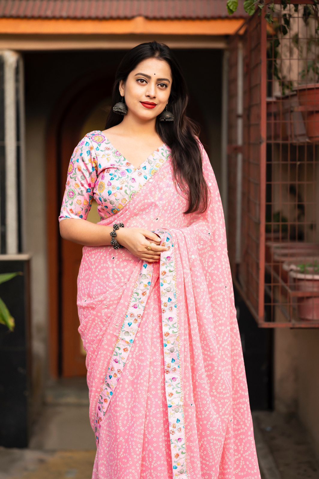 Pink Georgette Bandhej Printed With Patched Kalamkari Border Saree