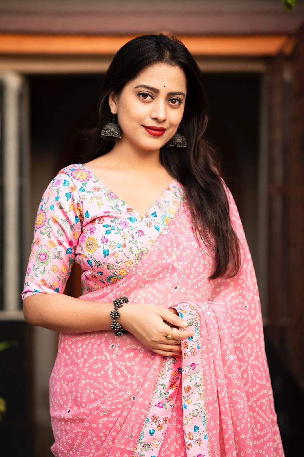 Pink Georgette Bandhej Printed With Patched Kalamkari Border Saree