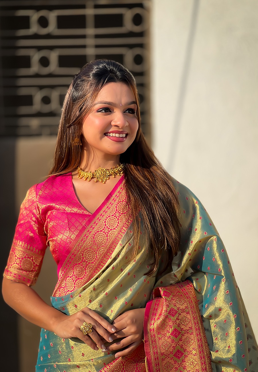 Metallic Gray Pure Banarasi Tissue Silk Rich Zari Meenakari Weaved Saree