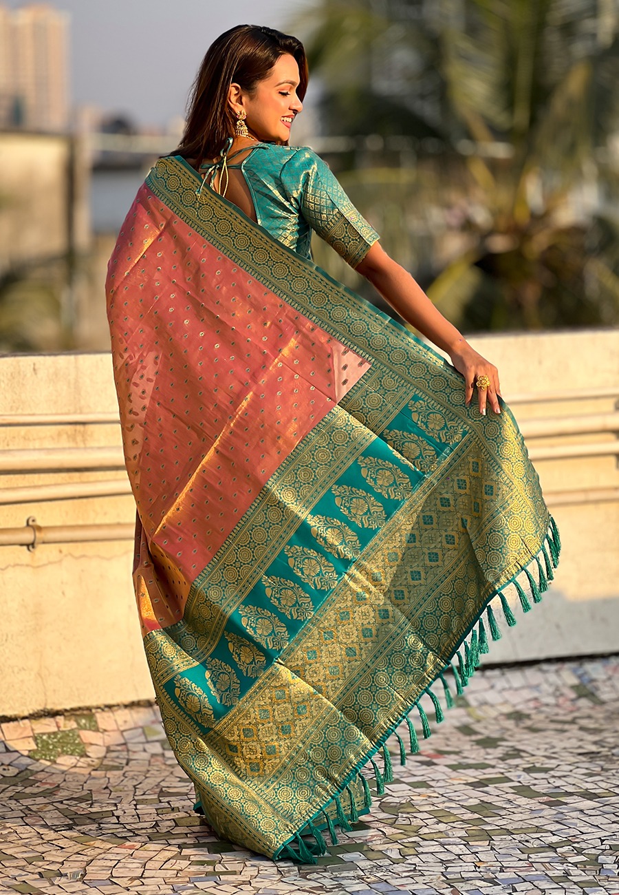 Metallic Pink Pure Banarasi Tissue Silk Rich Zari Meenakari Weaved Saree