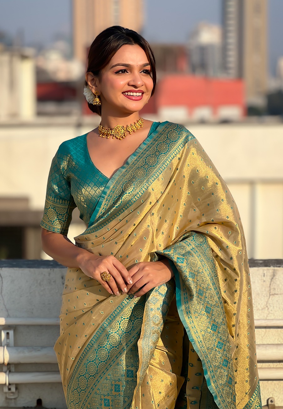 Metallic Cream Pure Banarasi Tissue Silk Rich Zari Meenakari Weaved Saree