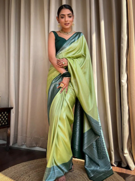 Image of Pistachio Banarasi Soft Silk Rich Zari Weaved All Over Contrast Pallu Border Saree