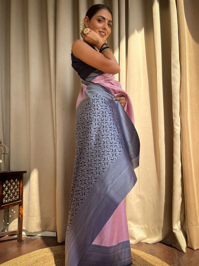 Pink Banarasi Soft Silk Rich Zari Weaved All Over Contrast Pallu Border Saree