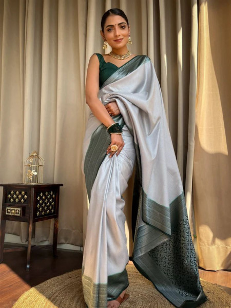 Image of Gray  Banarasi Soft Silk Rich Zari Weaved All Over Contrast Pallu Border Saree