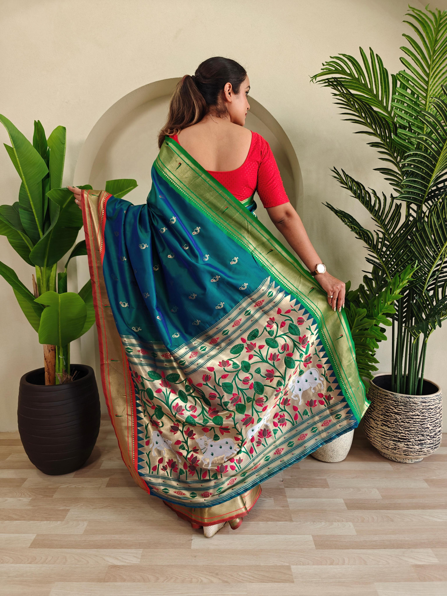 Jade Green Banarasi Silk Pichwai Paithani Weaved Body Pallu Ganga Jamuni Border Saree