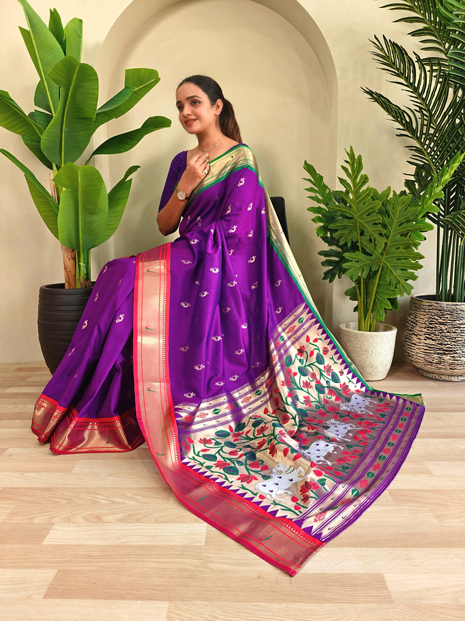 Purple Banarasi Silk Pichwai Paithani Weaved Body Pallu Ganga Jamuni Border Saree