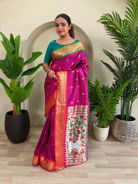 Image of Magenta Banarasi Silk Pichwai Paithani Weaved Body Pallu Ganga Jamuni Border Saree