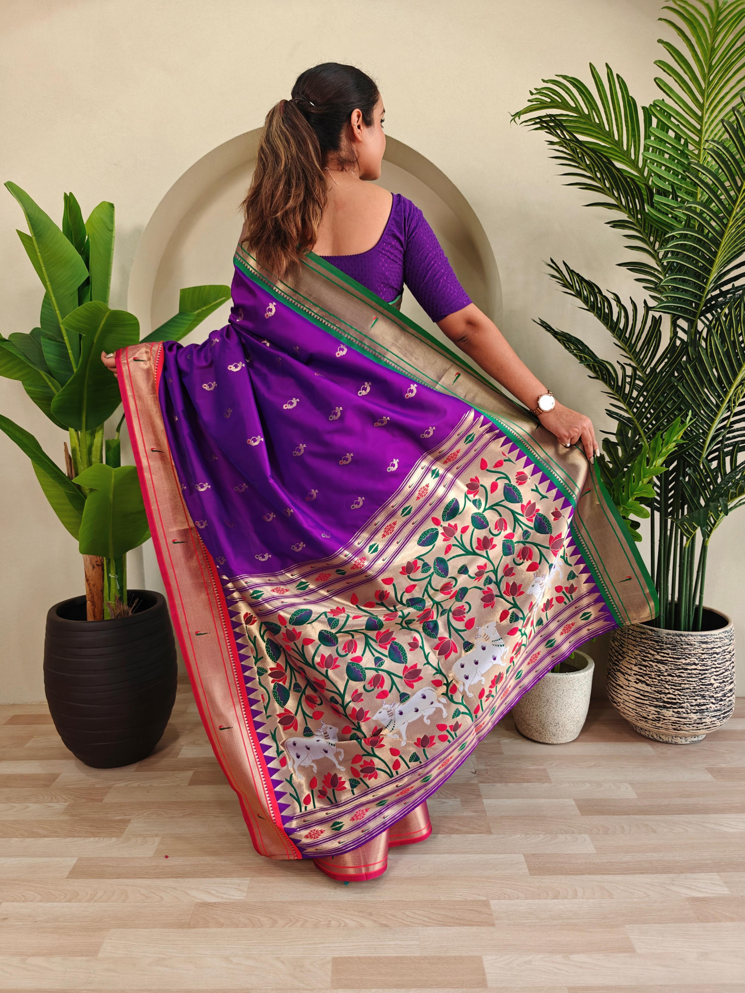 Purple Banarasi Silk Pichwai Paithani Weaved Body Pallu Ganga Jamuni Border Saree