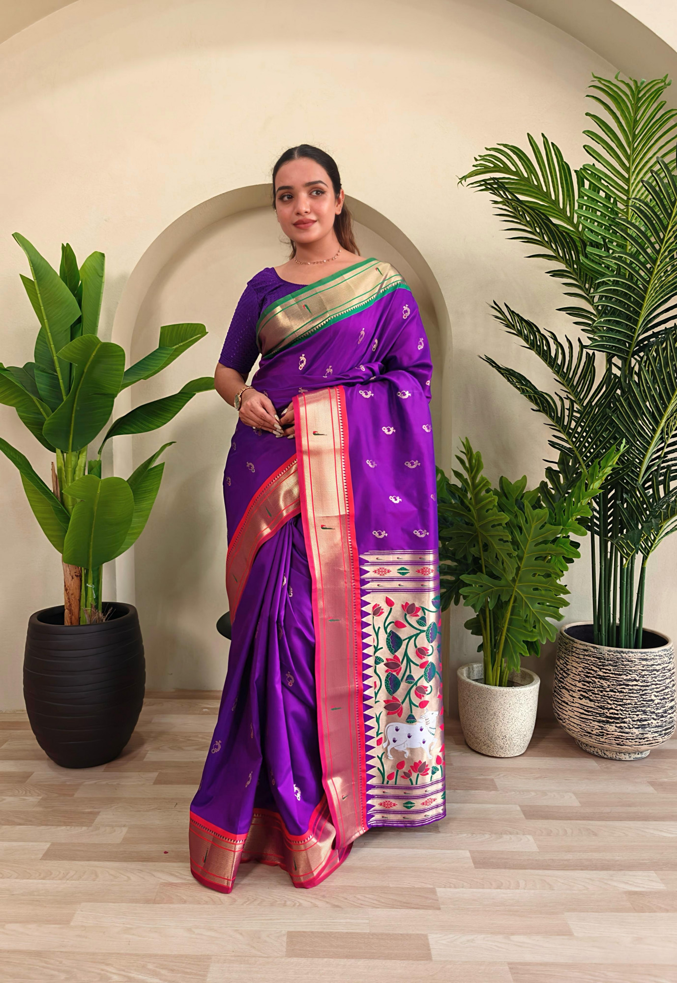 Purple Banarasi Silk Pichwai Paithani Weaved Body Pallu Ganga Jamuni Border Saree