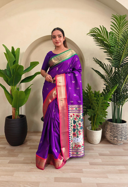 Image of Purple Banarasi Silk Pichwai Paithani Weaved Body Pallu Ganga Jamuni Border Saree