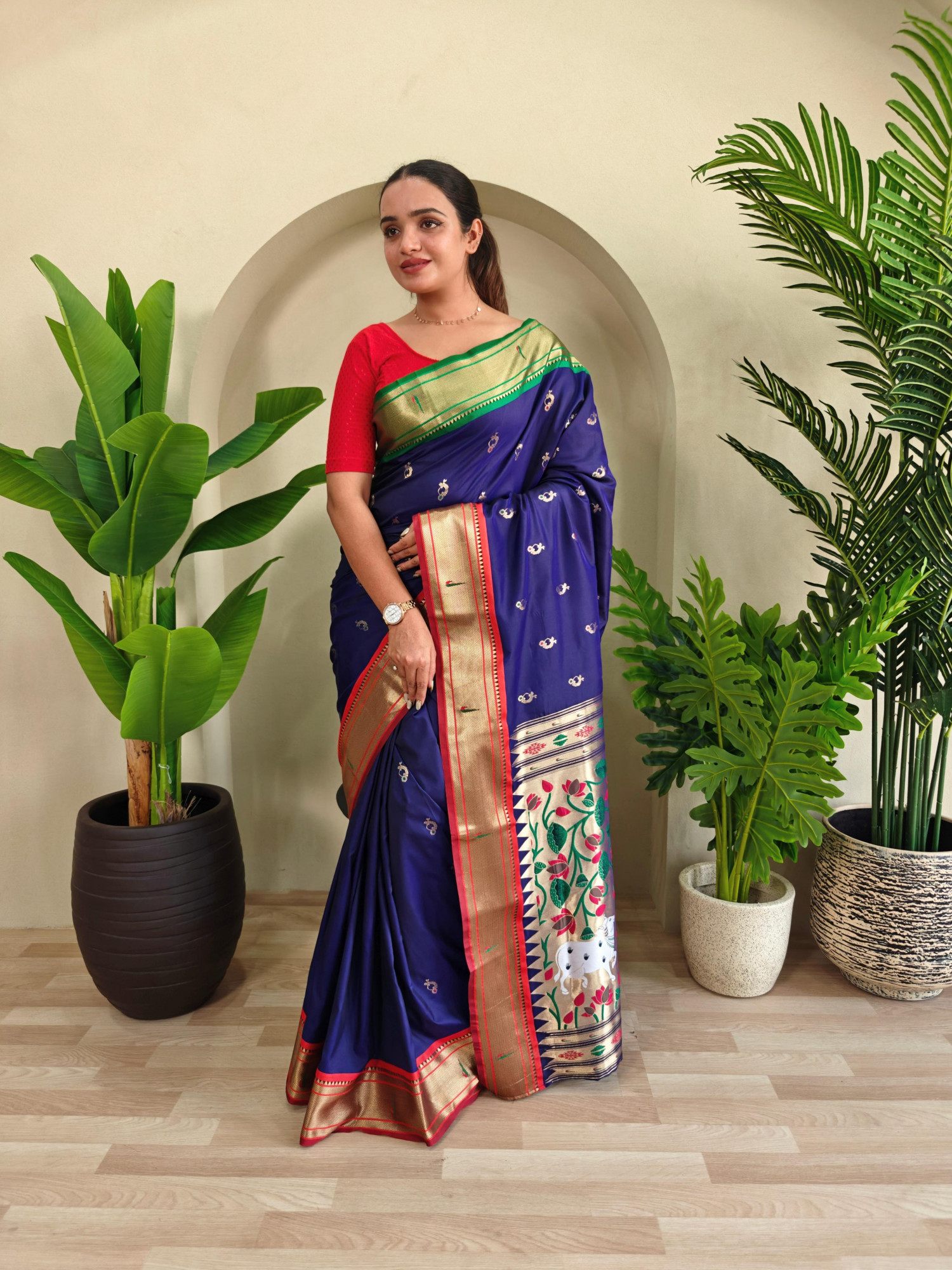 Navy Blue Banarasi Silk Pichwai Paithani Weaved Body Pallu Ganga Jamuni Border Saree