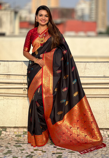 Image of Black Banarasi Silk Rich Flower Boota Meenakari Motifs Pallu Border Saree