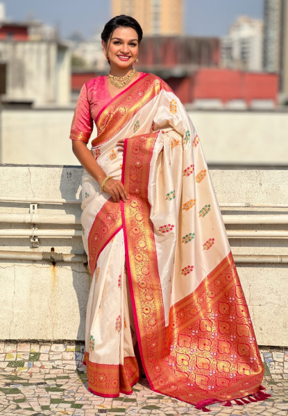 Image of Off-White Banarasi Silk Rich Floral Meenakari Motifs Pallu Saree