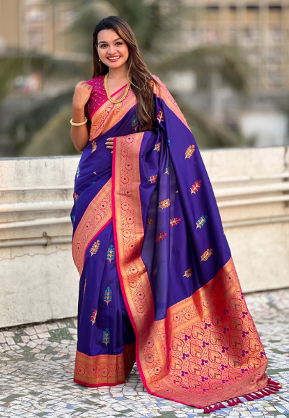 Image of Navy Blue Banarasi Silk Rich Flower Boota Meenakari Motifs Pallu Border Saree