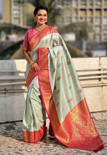 Image of Light Pistachio Banarasi Silk Rich Flower Boota Meenakari Motifs Pallu Border Saree