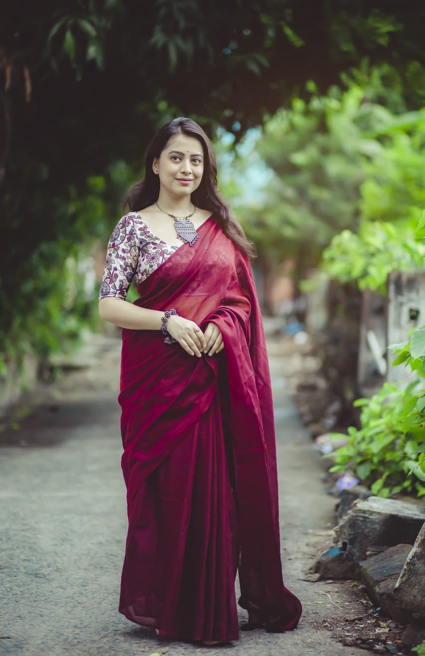 Wine Pure Solid Soft Linen Saree Comes With Printed Crape Blouse