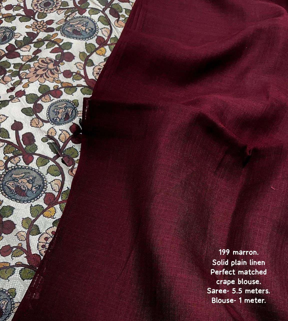 Wine Pure Solid Soft Linen Saree Comes With Printed Crape Blouse