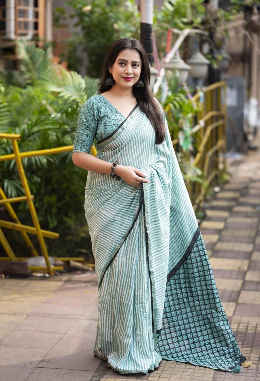 Jade Green Pure Chanderi Cotton Leheriya Block Print With Ajrakh Pallu Saree