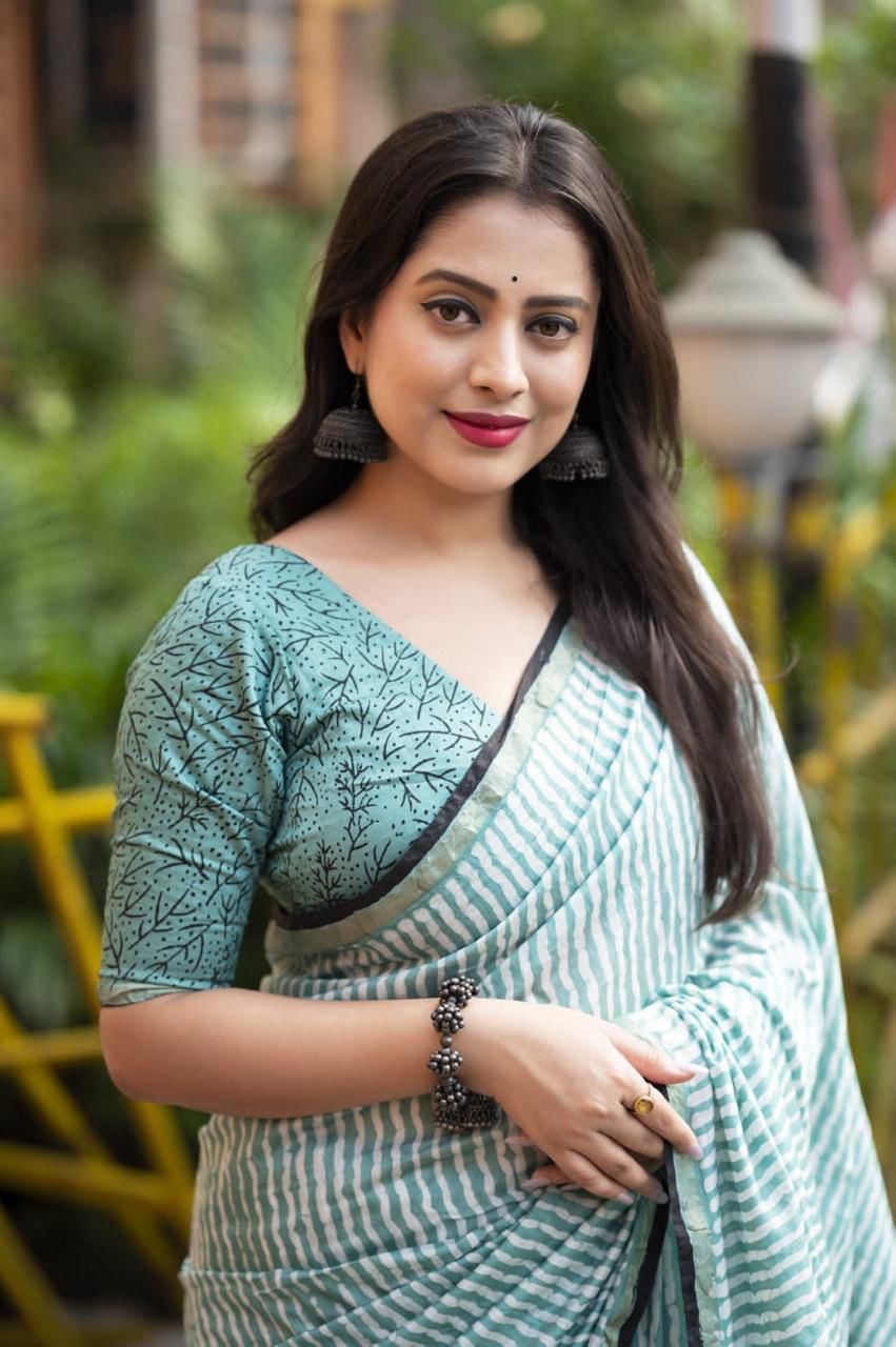 Jade Green Pure Chanderi Cotton Leheriya Block Print With Ajrakh Pallu Saree