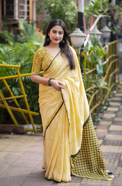 Image of Yellow Pure Chanderi Cotton Leheriya Block Print With Ajrakh Pallu Saree