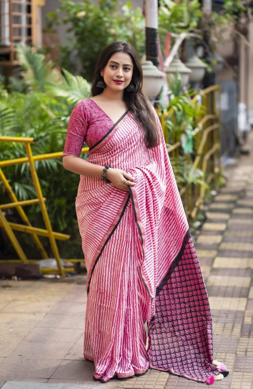 Pink Pure Chanderi Cotton Leheriya Block Print With Ajrakh Pallu Saree