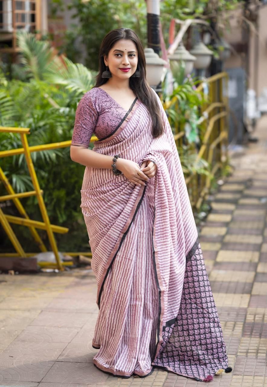 Lavender Pure Chanderi Cotton Leheriya Block Print With Ajrakh Pallu Saree