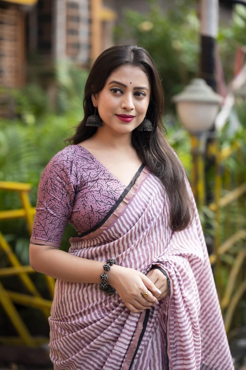 Lavender Pure Chanderi Cotton Leheriya Block Print With Ajrakh Pallu Saree