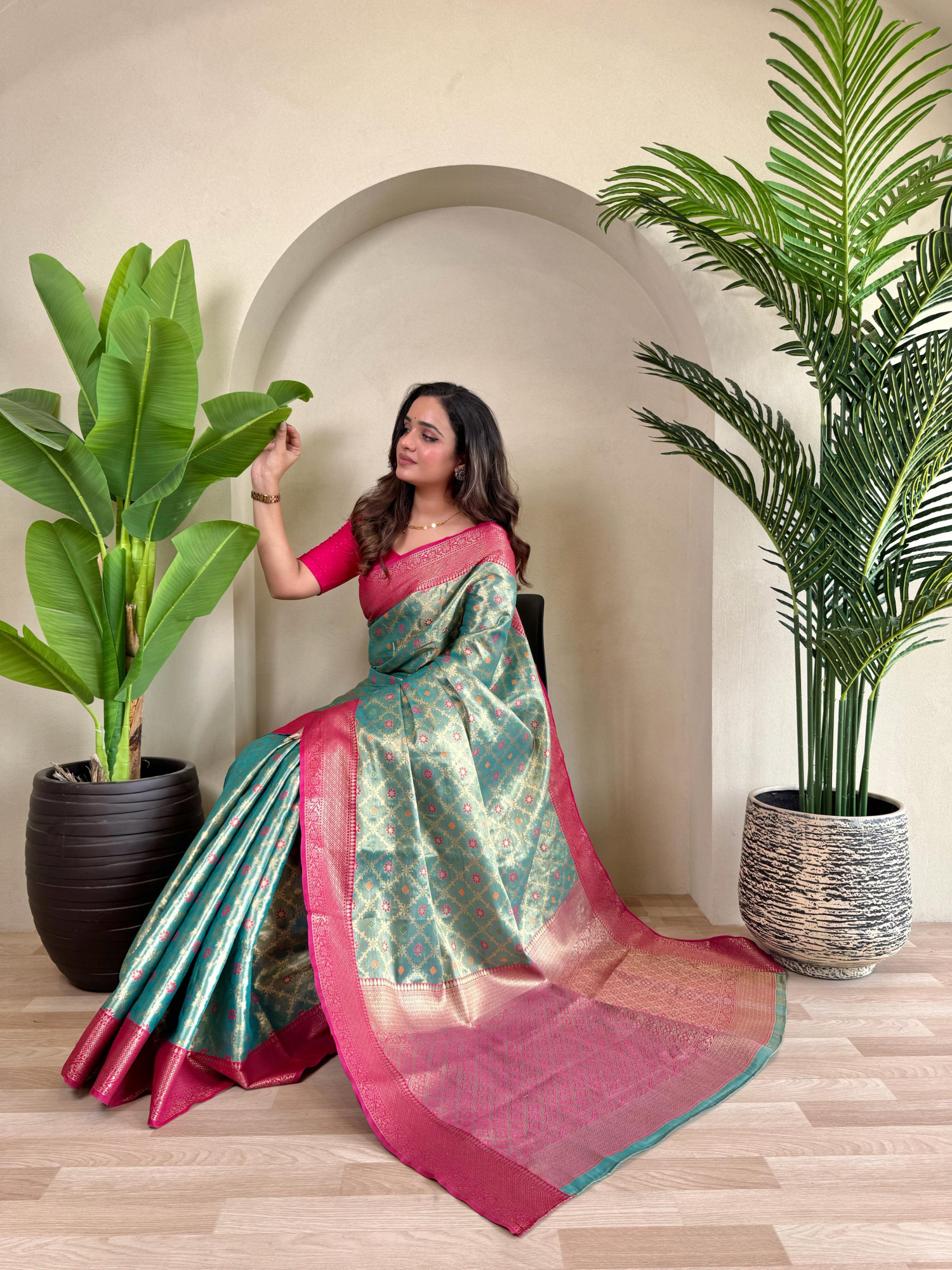 Teal Pure Tissue Silk Zari Meenakari Weaved Jaal Body Saree