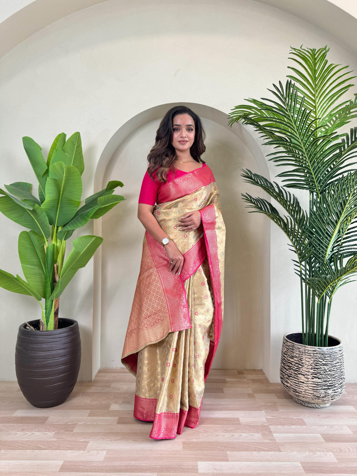 Cream Pure Tissue Silk Zari Meenakari Weaved Jaal Body Saree