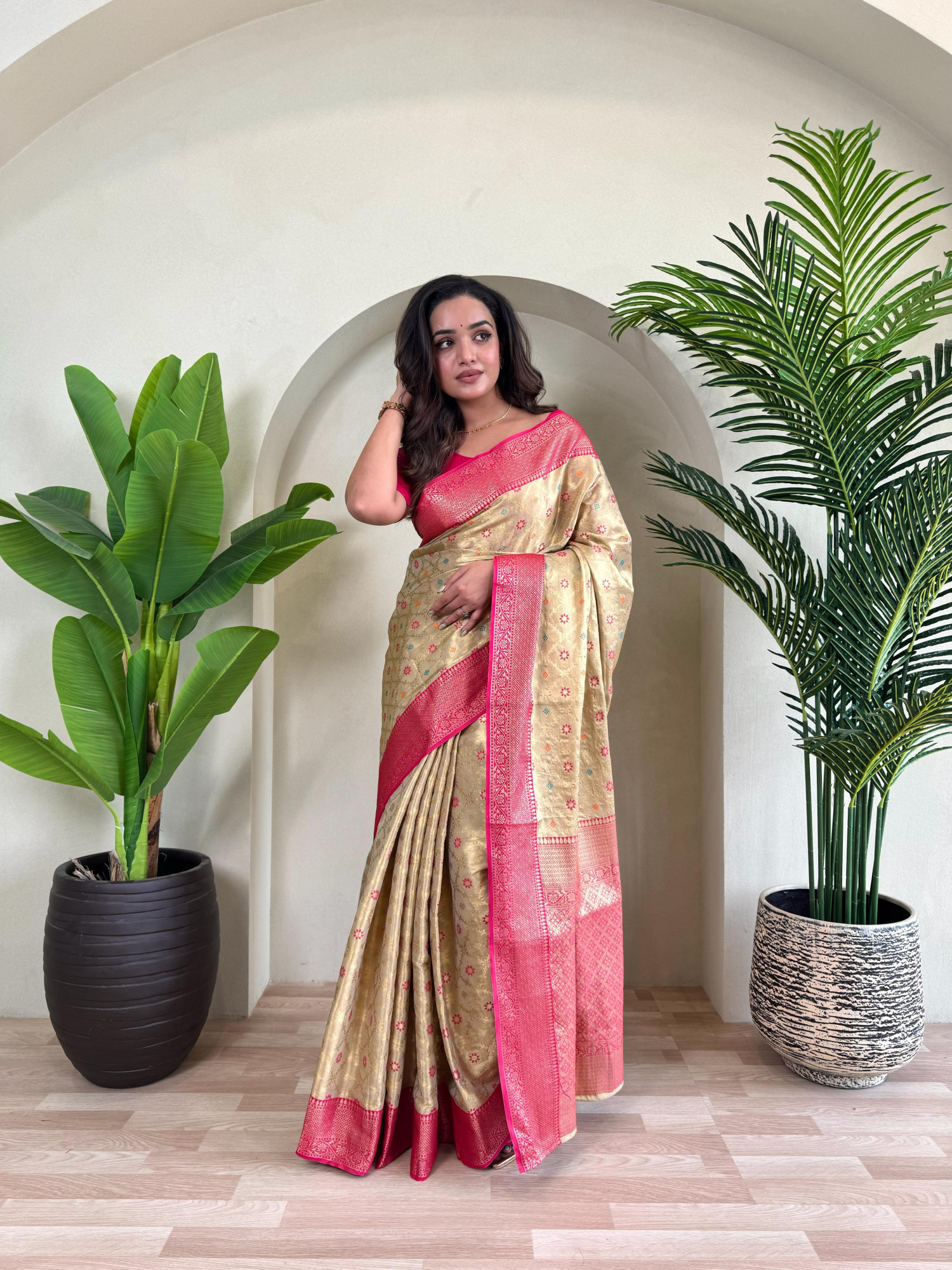 Cream Pure Tissue Silk Zari Meenakari Weaved Jaal Body Saree