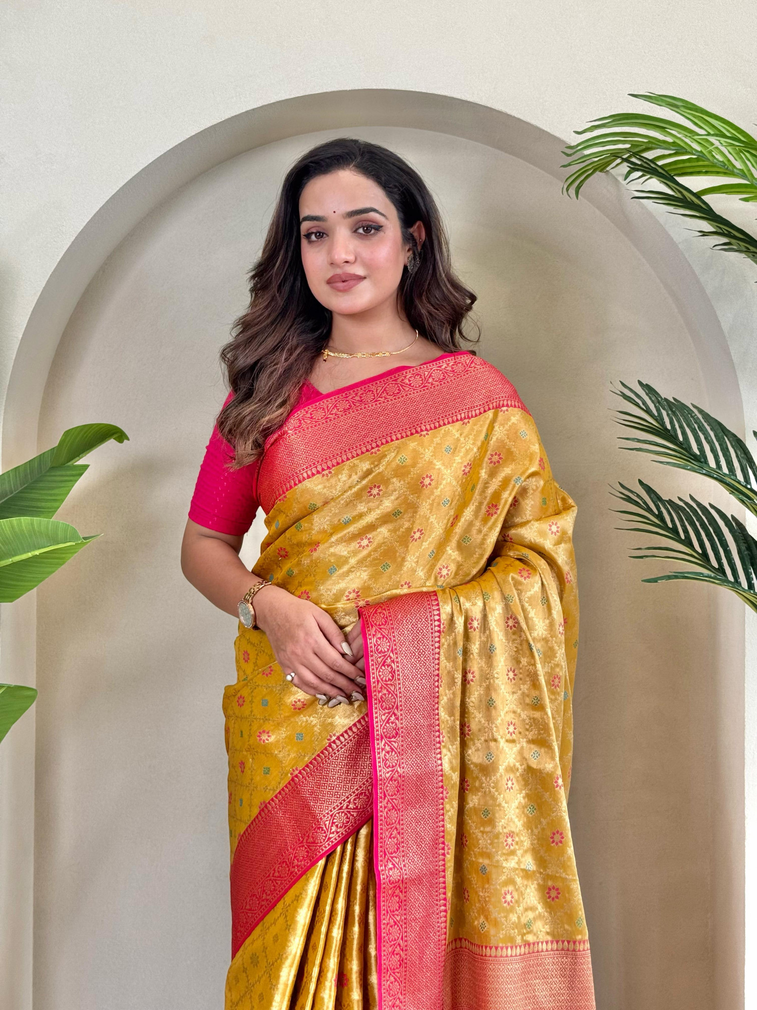 Yellow Pure Tissue Silk Zari Meenakari Weaved Jaal Body Saree