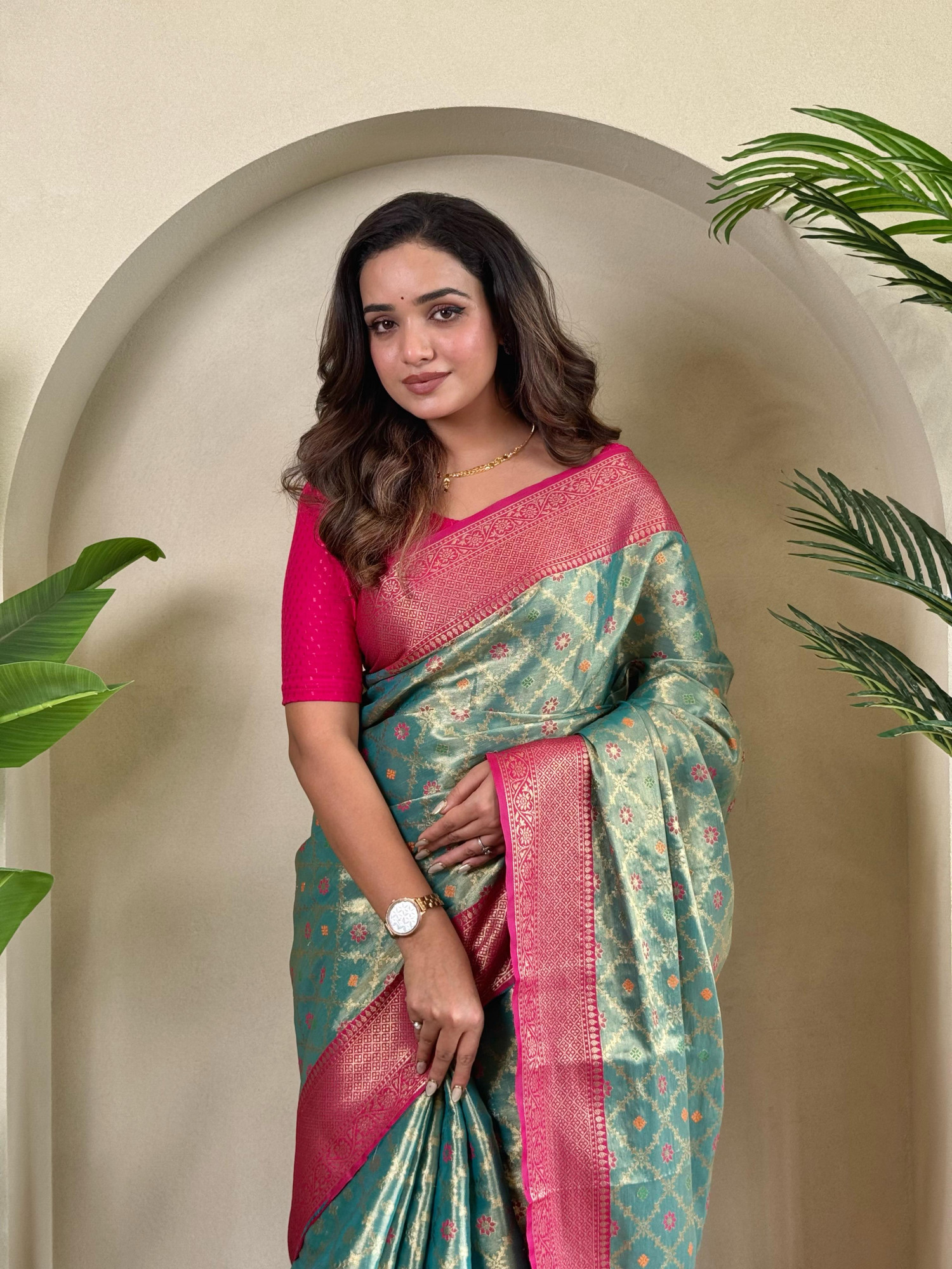 Teal Pure Tissue Silk Zari Meenakari Weaved Jaal Body Saree