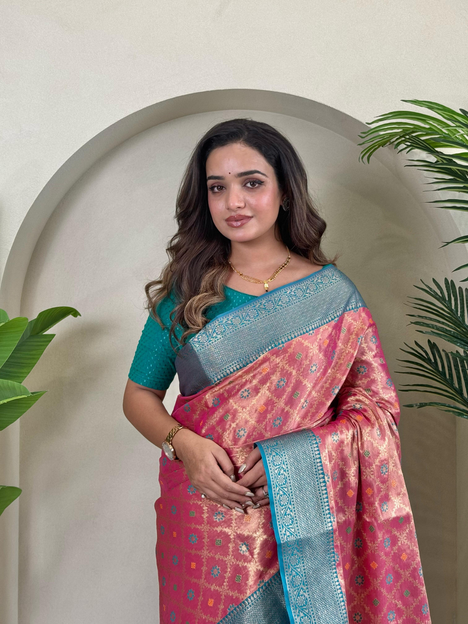 Magenta Pure Tissue Silk Zari Meenakari Weaved Jaal Body Saree