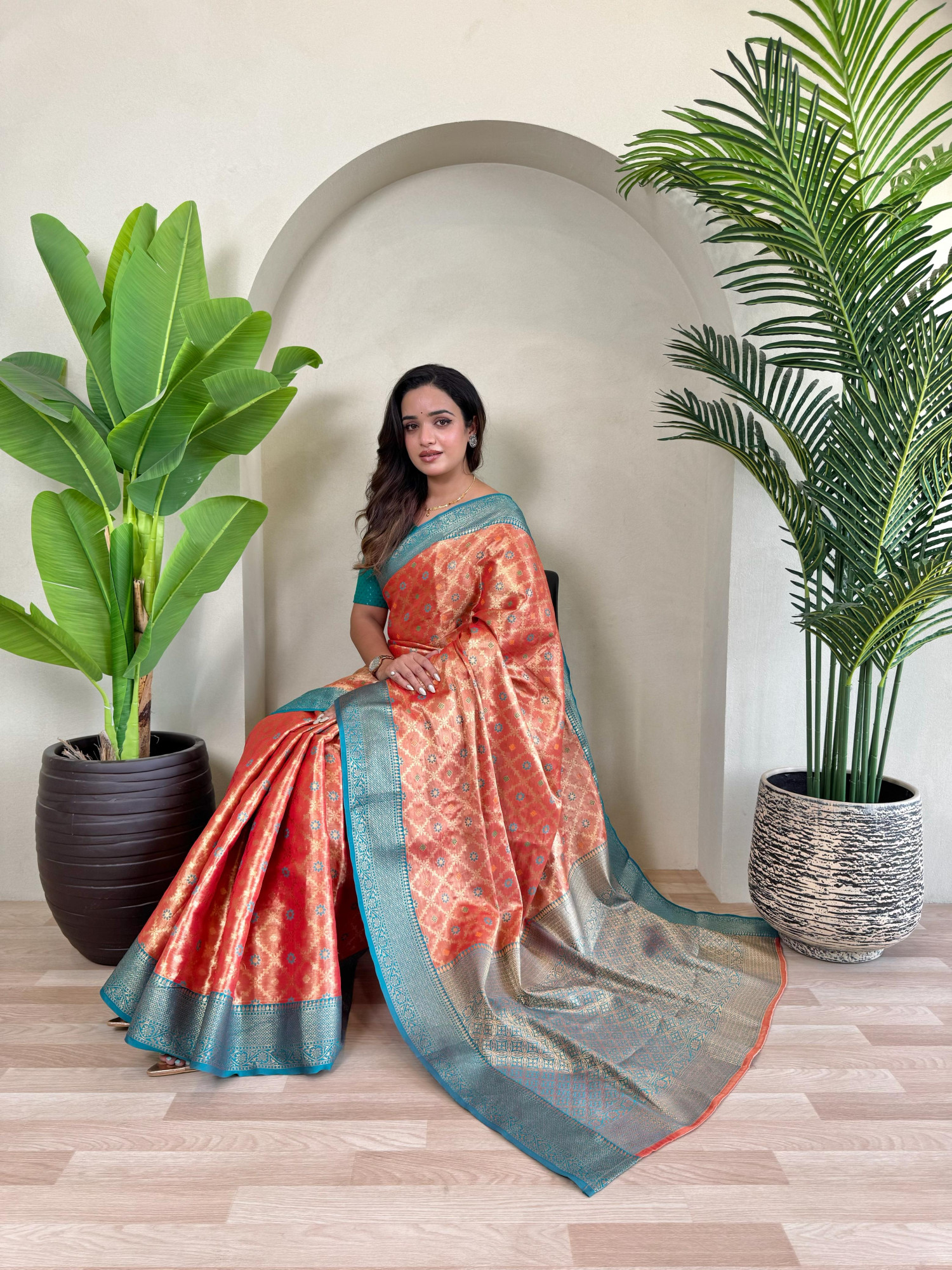 Rust Pure Tissue Silk Zari Meenakari Weaved Jaal Body Saree