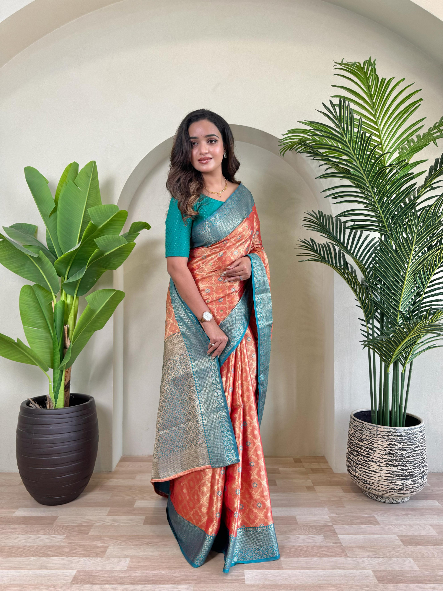 Rust Pure Tissue Silk Zari Meenakari Weaved Jaal Body Saree