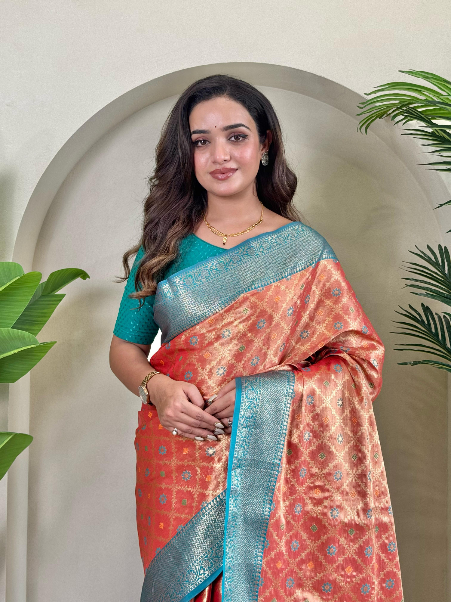 Rust Pure Tissue Silk Zari Meenakari Weaved Jaal Body Saree