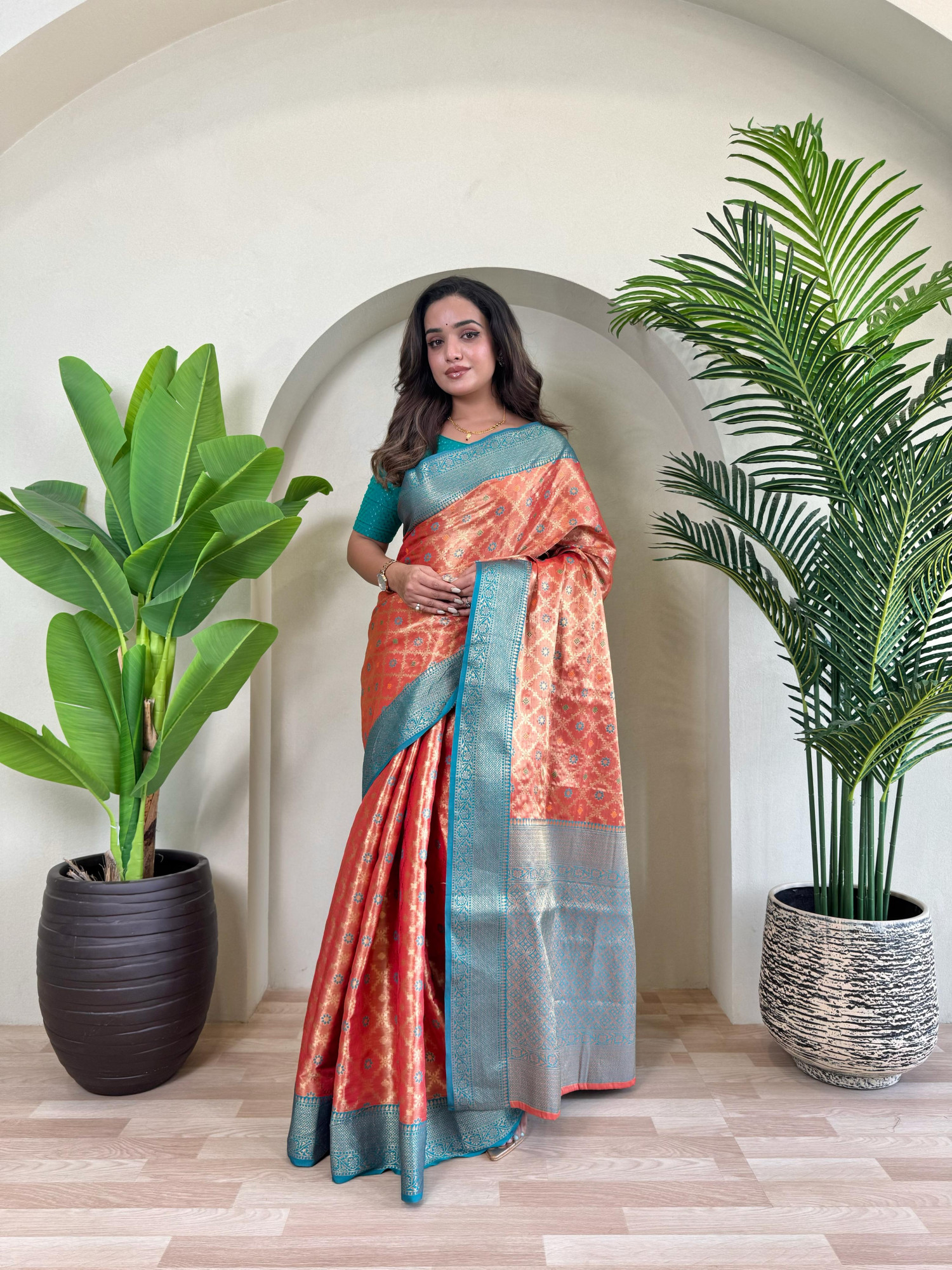 Rust Pure Tissue Silk Zari Meenakari Weaved Jaal Body Saree