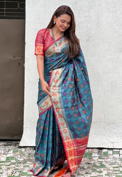 Image of Teal Patola Silk Multicolor Weaved All Over Meenakari Patola Border Saree