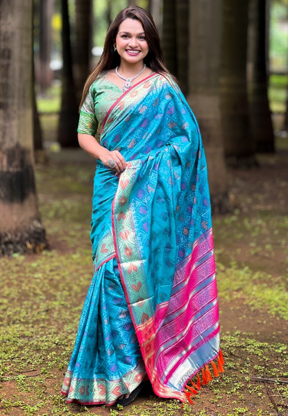 Image of Sky Blue Patola Silk Multicolor Weaved All Over Meenakari Patola Border Saree