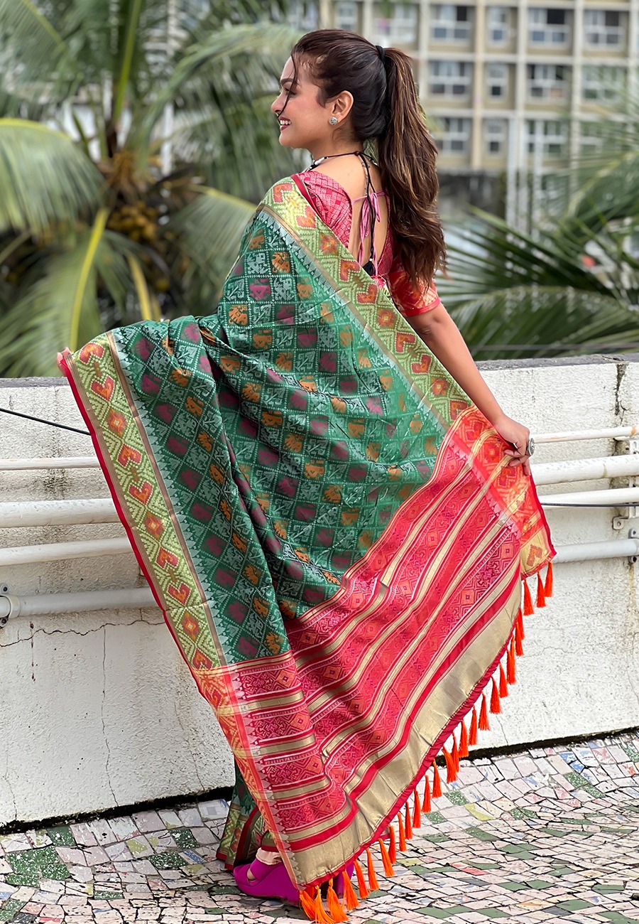 Green Patola Silk Multicolor Weaved All Over Meenakari Patola Border Saree