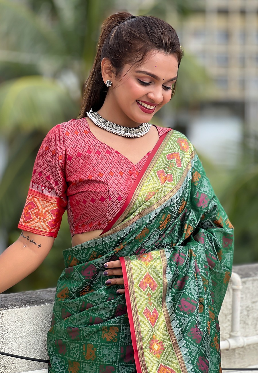 Green Patola Silk Multicolor Weaved All Over Meenakari Patola Border Saree