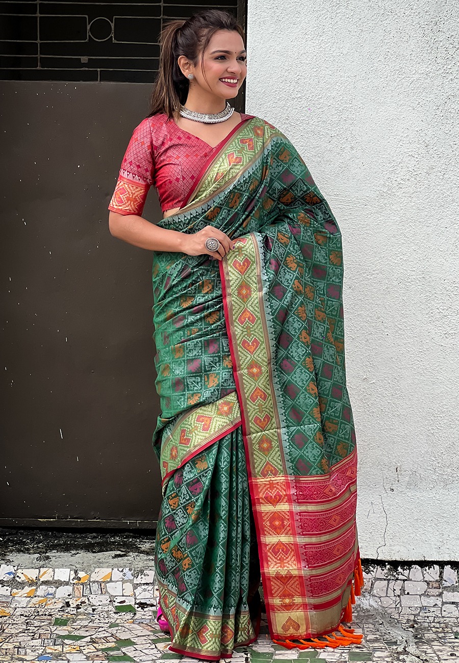 Green Patola Silk Multicolor Weaved All Over Meenakari Patola Border Saree
